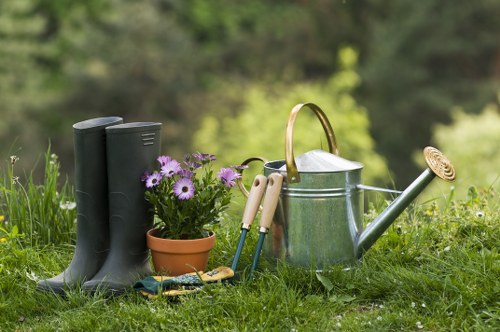 A neatly maintained garden scene featuring a patch of lush, green grass in the foreground with a few slightly uneven areas and a well-defined lawn edge. To the left, a pair of dark rubber boots, suitable for gardening tasks, stand upright on the grass beside a small terracotta pot filled with vibrant purple and white daisy-like flowers. Adjacent to the pot, a set of small hand gardening tools, including a trowel and transplanter with wooden handles, rest near a pair of gardening gloves. To the right, a traditional silver metal watering can with a curved handle and long spout is placed on the grass, accompanied by a green garden rake with a wooden handle. Behind the tools, a wooden garden border or edging defines the space, while background trees and shrubs provide a natural, slightly blurred backdrop, suggesting an outdoor environment in early spring or summer. The lighting is natural and bright, indicating daytime with clear weather, adding a fresh and inviting feel to the garden area associated with professional gardening services in Millbank.